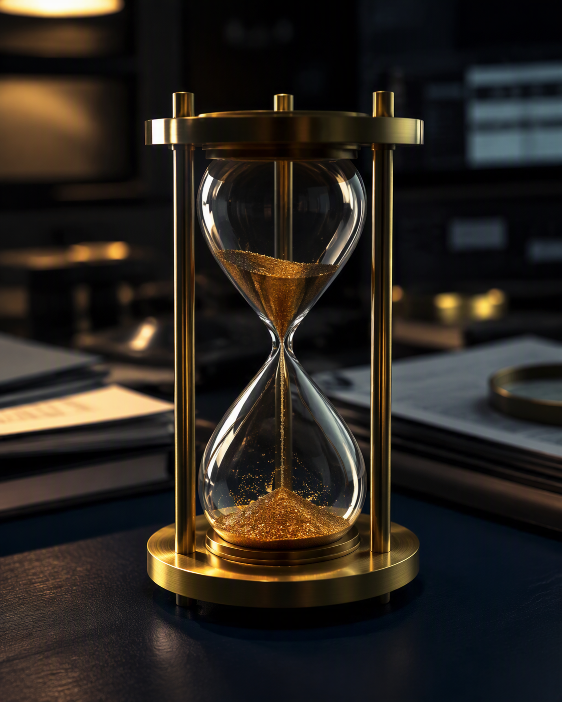 Reloj de arena dorado representando la importancia de actuar a tiempo